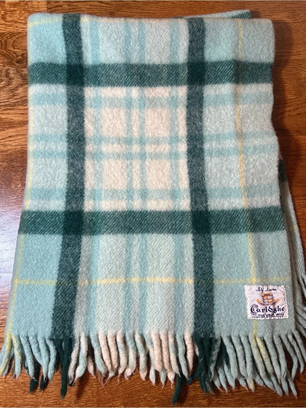 Vintage Carldyke 100% Virgin Wool Blanket throw, Light Blue Plaid 30